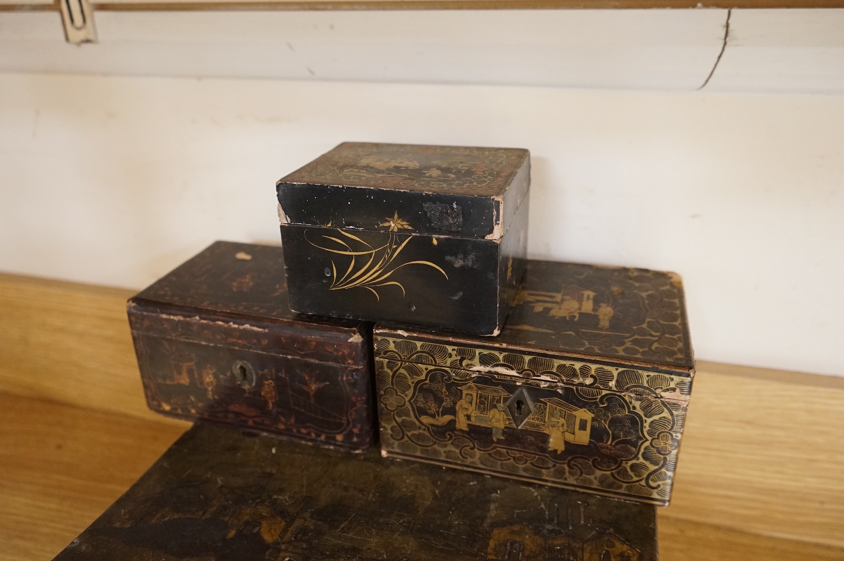 A group of 19th/20th century Chinese lacquer boxes, the largest 34cm wide